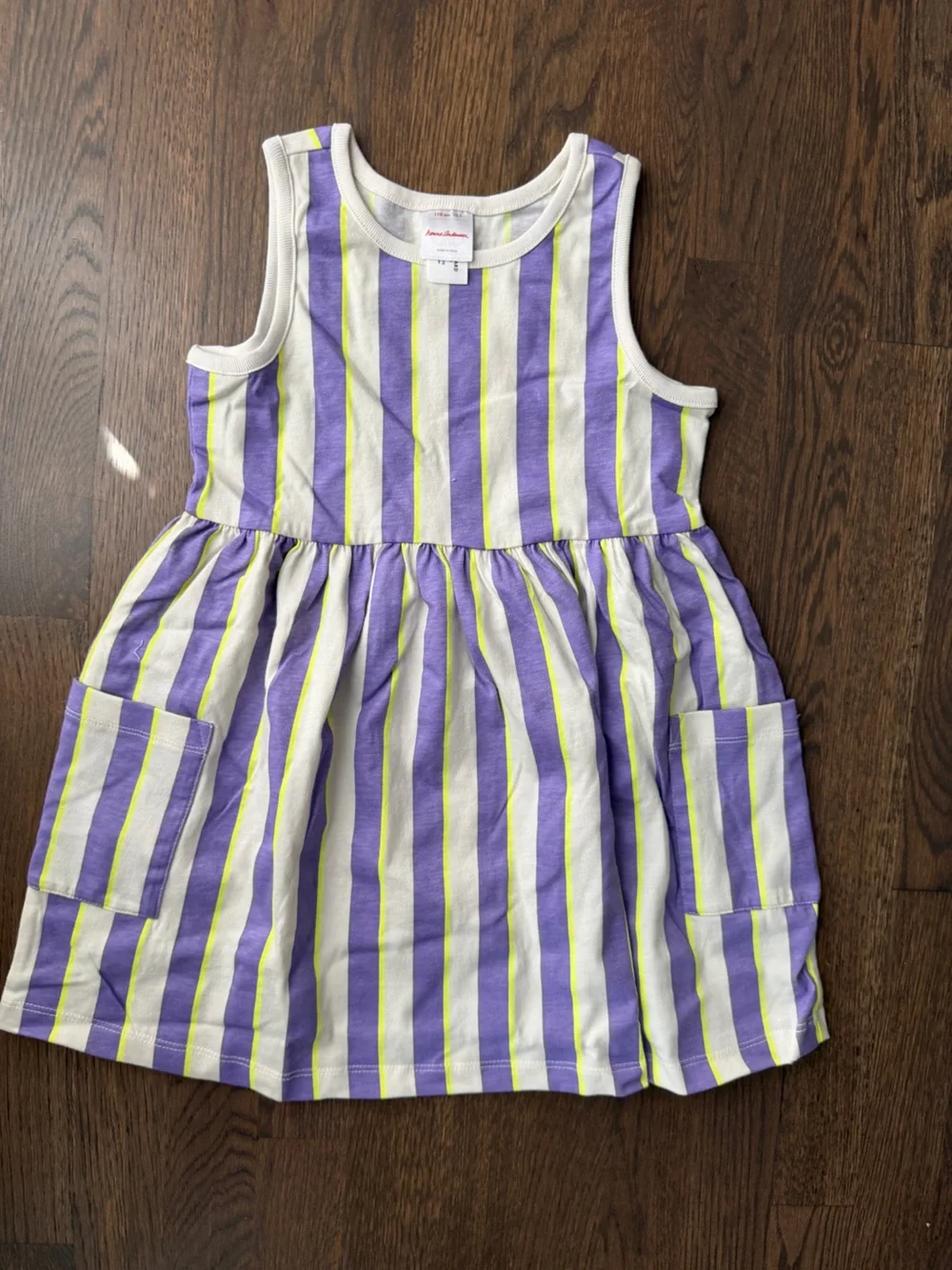 Hanna Anderson Striped Lavender & White Sleeveless Dress with Neon Yellow